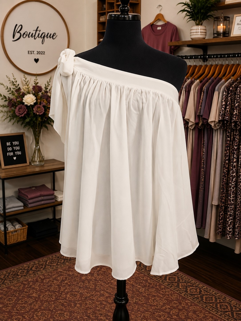 One-Shoulder White Women's Top with Bow Accent